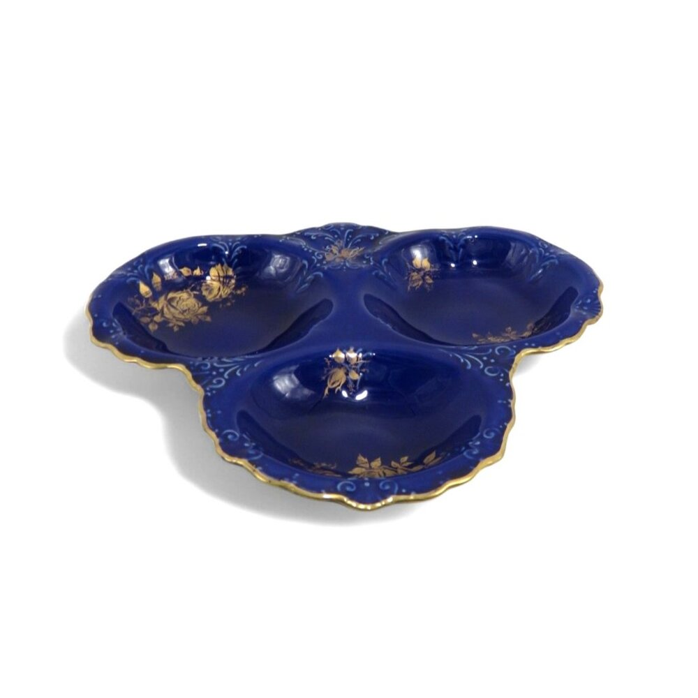 Old Foley James Kent Tri-Section Cobalt Blue And Gold Floral Dish